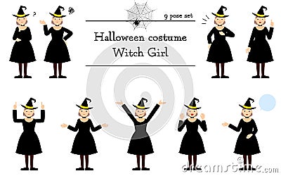 ãƒãƒ­ã‚¦ã‚£ãƒ³ã®ä»®è£…ã€é­”å¥³å§¿ã®å¥³ã®å­ã®ãƒãƒ¼ã‚ºã‚»ãƒƒãƒˆï½žè©±ã™ãƒ»æ‚©ã‚€ãƒ»æŒ‡ã•ã—ãƒ»ä»–ï½ž Stock Photo